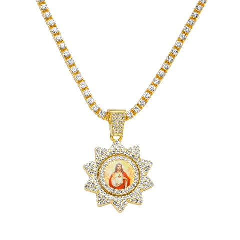 Hip Hop Rotierendes Jesus Porträt Anhänger Halskette Für Herren Zinklegierung Strass Tennis-Kette Sonnenstrahl Stern Schmuck
