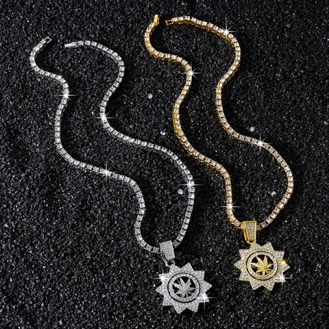 Hip Hop Mannen Roterend Blad Zonnebloem Hanger Halsketting Vergulde Zinklegering Strass Tennisketting Sieraden Cadeau