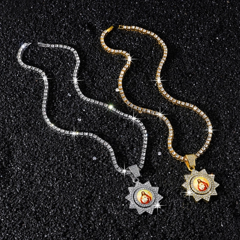 Hip Hop Rotierendes Jesus Porträt Anhänger Halskette Für Herren Zinklegierung Strass Tennis-Kette Sonnenstrahl Stern Schmuck