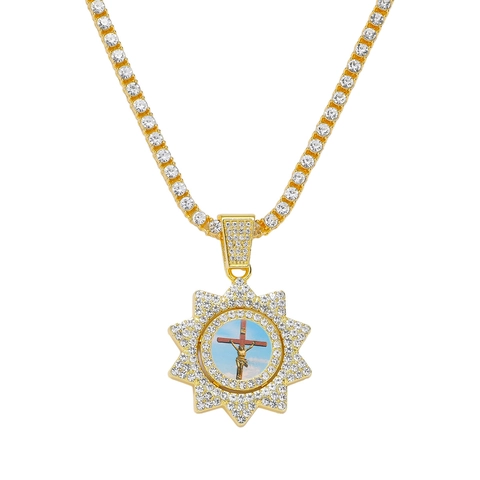 Collana con Ciondolo a Croce Rotante Hip Hop Con Catena Tennis Oro Argento Lega di Zinco Strass Gioielli Religiosi per Uomo