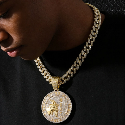 Collana con Pendente GOAT Hip Hop da Uomo in Lega di Zinco con Strass Medaglione Capra Iced Out Catena Cubana Gioielli Personalizzati