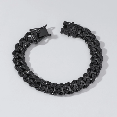 Bracciale a Maglia Cubana da Uomo Hip Hop Lega Nera con Strass Braccialetto in Catena di Metallo Gioielli