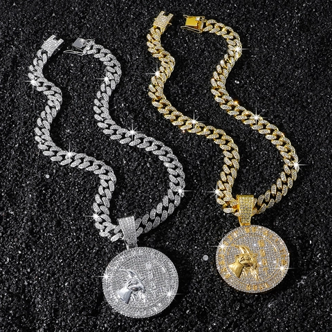 Collana con Pendente GOAT Hip Hop da Uomo in Lega di Zinco con Strass Medaglione Capra Iced Out Catena Cubana Gioielli Personalizzati