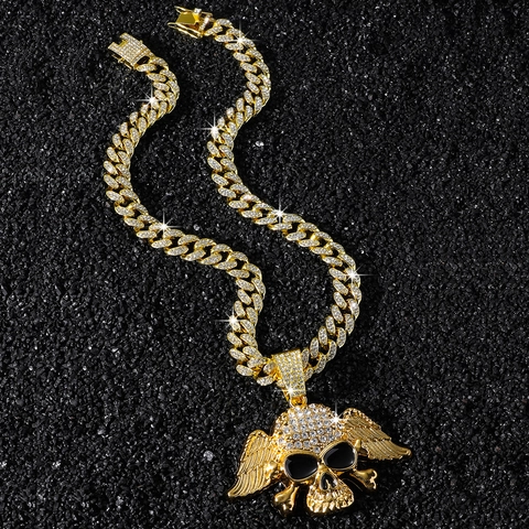 Hip Hop Herren Iced Out Flügel Totenkopf Anhänger Halskette Zinklegierung Strass Panzerkette Persönlichkeit Street Schmuck