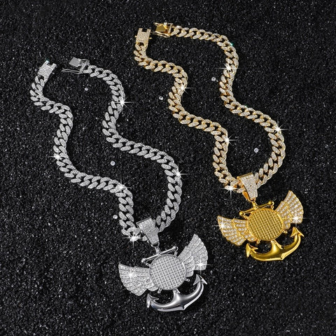 Herren Hip Hop Zinklegierung Strass Flügel Anker Anhänger Halskette Gold Silber Iced Out Cuban Kette Schmuck Für Herren Party
