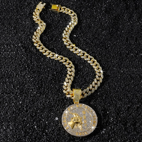 Collana con Ciondolo Rotondo G.O.A.T Hip Hop da Uomo in Lega con Strass Maglia Cubana Gioielli Personalizzati Streetwear