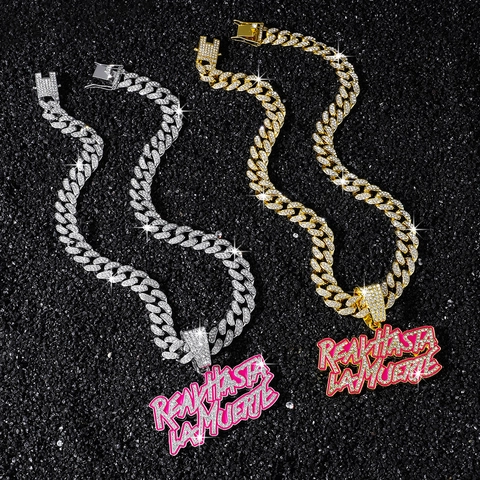 Collana con Pendente Lettera in Strass Iced Out da Uomo Hip Hop Catena a Maglia Cubana in Lega di Zinco Placcato Oro Argento