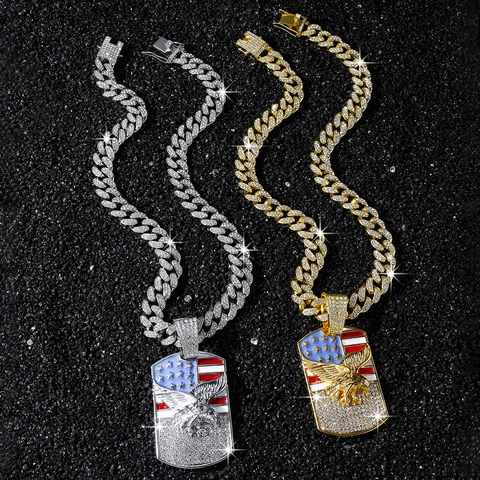 Collar de Colgante de Águila Bandera Americana Hip Hop Iced Out Hombre Color Oro Plata Strass Cadena Cubana Joyería
