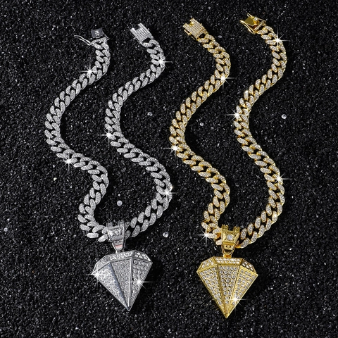 Men's Iced Out Hip Hop Zinc Alloy Necklace Full Rhinestone Pave Cuban Link Chain With Large Diamond Shaped Pendant Jewelry