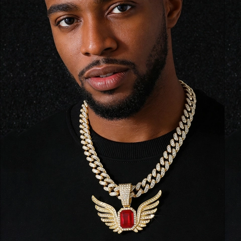 Collana con Ciondolo ad Ali Hip-Hop da Uomo in Lega di Zinco con Strass Gemma Rettangolare Oro Argento Gioielli