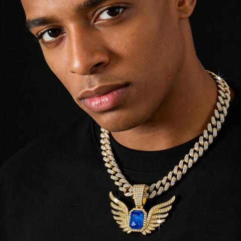 Collana con Ciondolo ad Ali Hip-Hop da Uomo in Lega di Zinco con Strass Gemma Rettangolare Oro Argento Gioielli