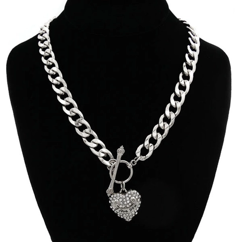 Collana con Ciondolo a Cuore in Lega con Strass per Coppie con Incisione I Love You Decorazione Corona Chiusura a Scomparsa