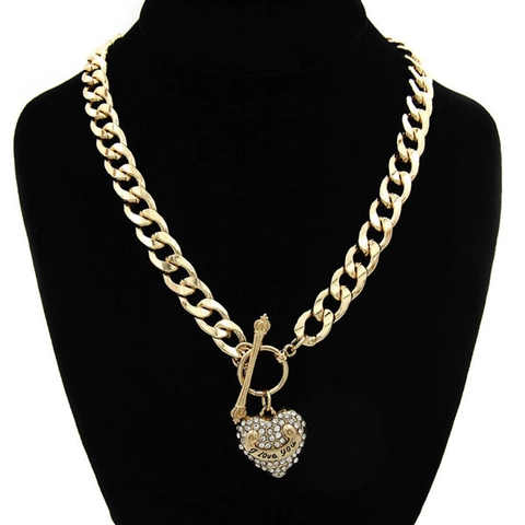 Alloy Rhinestone Heart Pendant Necklace For Couples With I Love You Engraved Crown Decor Hip Hop Toggle Clasp Necklace