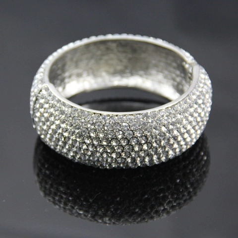 Bracciale Rigido Largo in Lega di Lusso Vintage con Strass Completi per Donna Hip Hop Placcato Argento Polsino a Cerniera Gioielli Moda Regalo