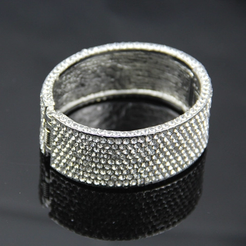 Bracciale Rigido Largo in Lega di Lusso Vintage con Strass Completi per Donna Hip Hop Placcato Argento Polsino a Cerniera Gioielli Moda Regalo