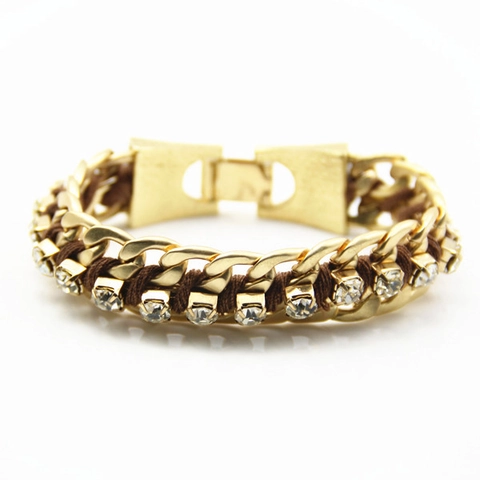 Exaggerated Alloy Rhinestone Hand Woven Bracelet For Women Vintage Hiphop Gold Color Chain Woven Rope Bracelet Fashion Jewelry Gift