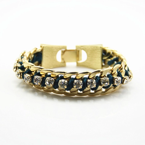 Exaggerated Alloy Rhinestone Hand Woven Bracelet For Women Vintage Hiphop Gold Color Chain Woven Rope Bracelet Fashion Jewelry Gift