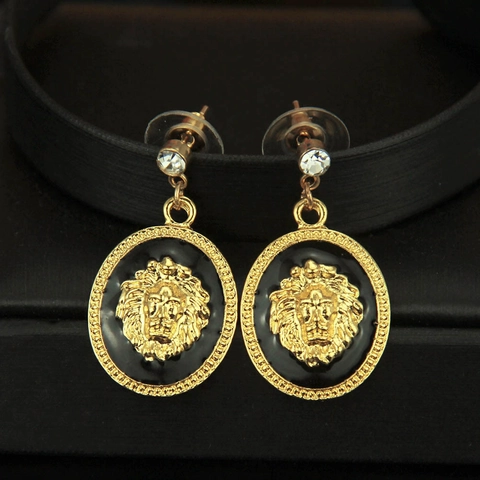 Vintage Alloy Lion Head Earrings Retro Punk Enamel Drip Jewelry With Rhinestone Accents Gold Silver Tone Earrings For Women