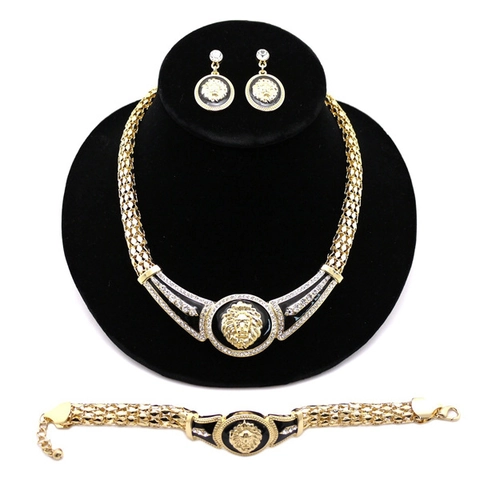 Gioielli in Lega Vintage Testa di Leone Smalto Per Donna Collana Bracciale Orecchini con Strass Incastonati Tonalità Argento
