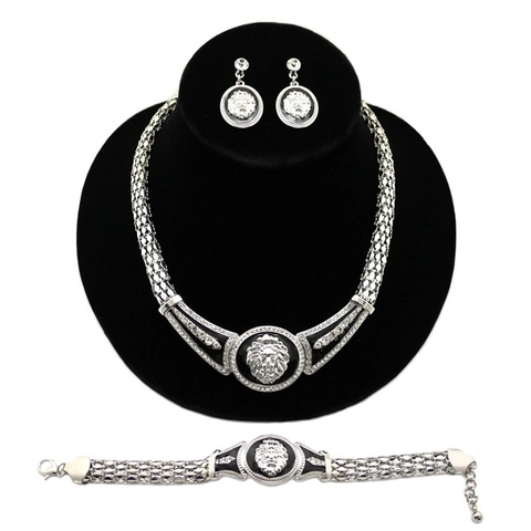 Gioielli in Lega Vintage Testa di Leone Smalto Per Donna Collana Bracciale Orecchini con Strass Incastonati Tonalità Argento