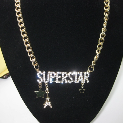 Vintage Legierung Strass Superstar Buchstaben Anhänger Halskette Für Damen Hip Hop Panzerkette Eiffelturm Stern Anhänger Modeschmuck