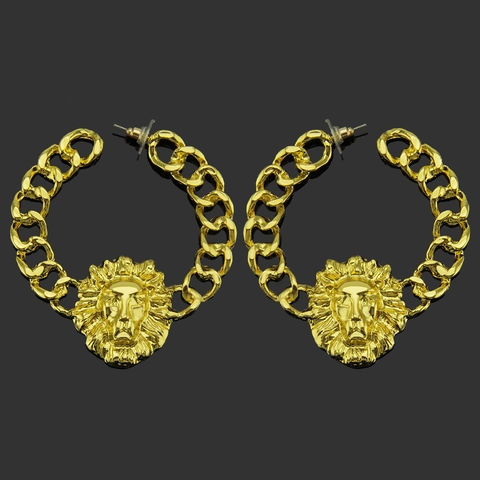Pendientes de Aro Grandes con Cabeza de León Hip Hop Exagerados para Mujer Aleación de Zinc Dorada Joyería de Moda Street Style