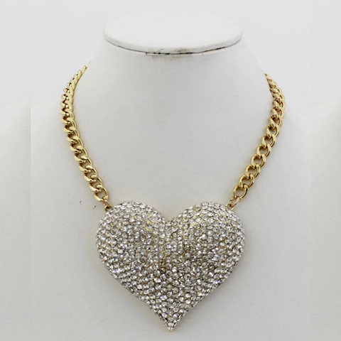 Vintage Gold Alloy Large Heart Pendant Necklace For Women Full Rhinestone Pave Snake Chain Fashion Jewelry Gift