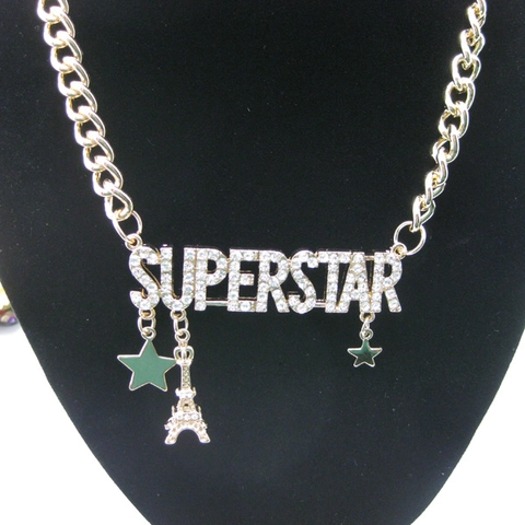 Vintage Legierung Strass Superstar Buchstaben Anhänger Halskette Für Damen Hip Hop Panzerkette Eiffelturm Stern Anhänger Modeschmuck