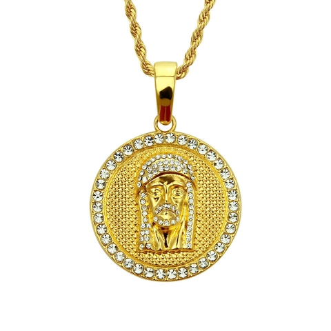 Hip Hop Men Gold Jesus Piece Round Pendant Necklace Alloy Iced Out Rhinestone Rope Chain Religious Fashion Jewelry Gift