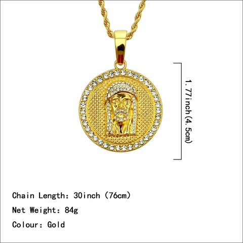 Hip Hop Men Gold Jesus Piece Round Pendant Necklace Alloy Iced Out Rhinestone Rope Chain Religious Fashion Jewelry Gift