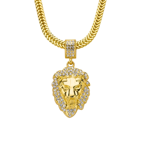 Collana con Pendente Testa di Leone Hip Hop in Lega con Strass Intarsiati Tonalità Oro Gioielli Testa Animale Catena Franco