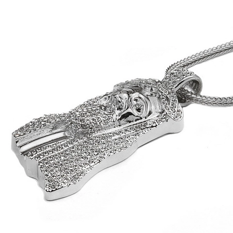Hip Hop Iced Out Rhinestone Alloy Jesus Head Music Note Pendant Necklace For Men Shiny Gold Silver Streetwear Jewelry