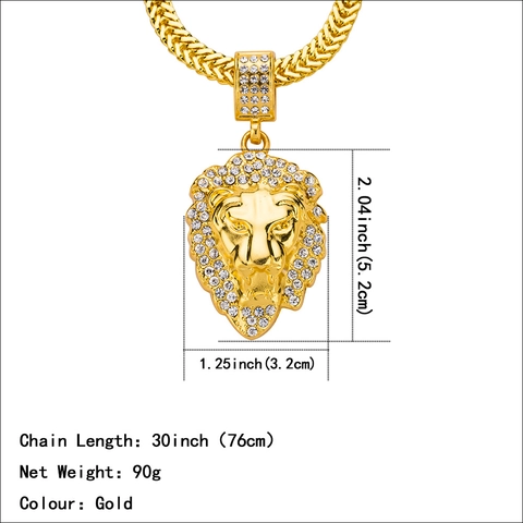 Collana con Pendente Testa di Leone Hip Hop in Lega con Strass Intarsiati Tonalità Oro Gioielli Testa Animale Catena Franco