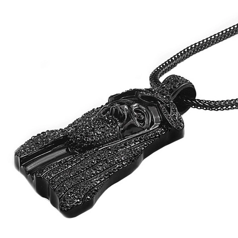 Hip Hop Iced Out Rhinestone Alloy Jesus Head Music Note Pendant Necklace For Men Shiny Gold Silver Streetwear Jewelry