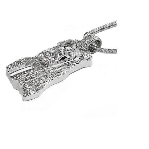 Collier Pendentif Portrait de Jésus Hip Hop Alliage Strass Note de Musique Chaîne Longue en Os de Serpent Or Argent Noir Bijoux