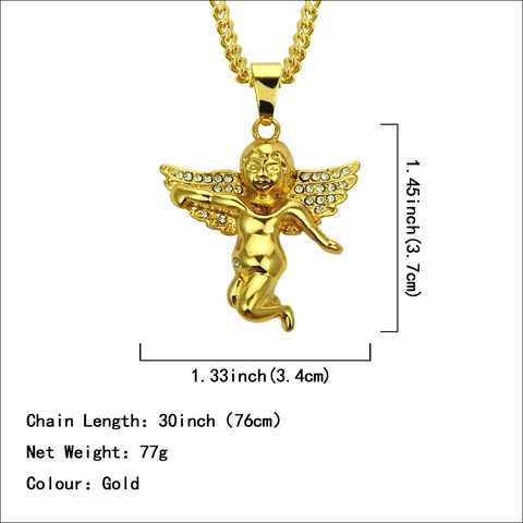 Hip Hop Gold Engel Anhänger Halskette Für Herren Legierung Strass Eingelegt Engel Flügel Halskette Lange Panzerkette Streetwear Schmuck