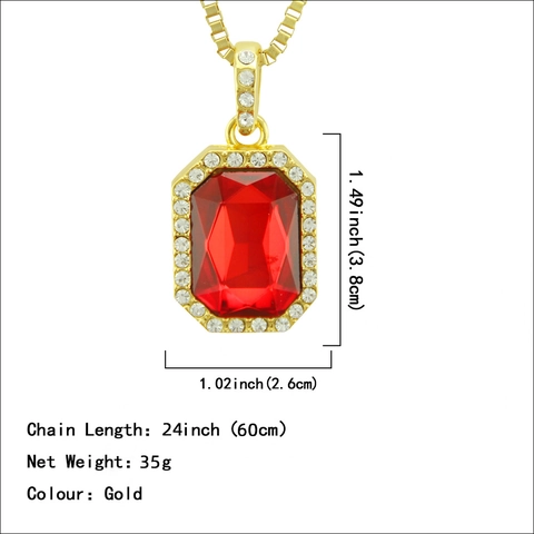 Collier Pendentif Pierre Précieuse Rouge Rectangulaire Hip Hop Iced Out pour Hommes Femmes Alliage Plaqué Or Chaîne Vénitienne
