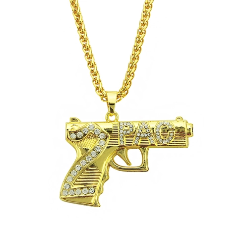 Collana Con Ciondolo a Pistola in Strass Hip Hop per Uomo Donna Lettera Iced Out Placcato Oro Argento Gioielli Lega