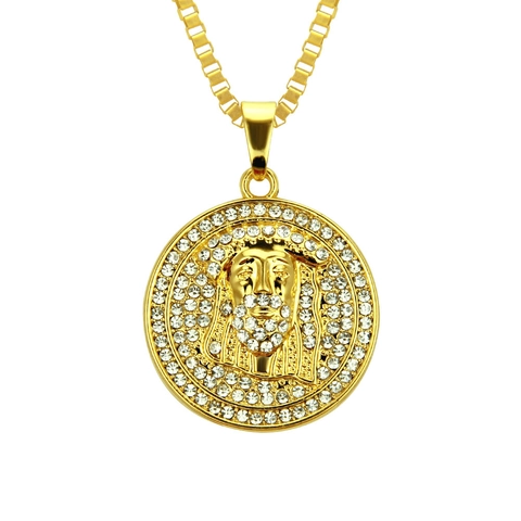 Iced Out Hip Hop Jesus Piece Pendant Necklace For Men Gold Plated Alloy Rhinestone Round Medallion Box Chain Jewelry Gift