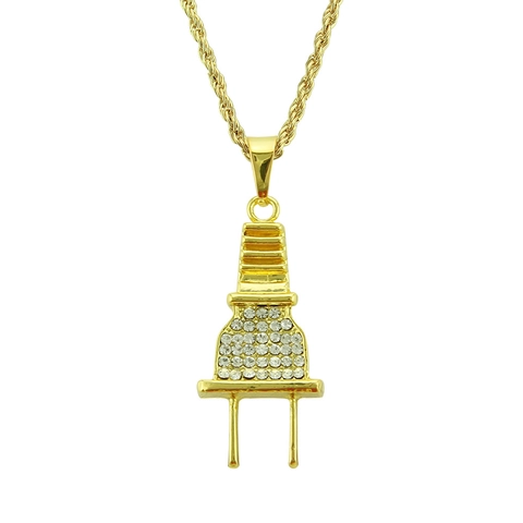 Hip Hop Creative Plug Pendant Necklace Alloy Rhinestone Inlaid Rope Chain Gold Silver Pendant Jewelry For Men Women Party