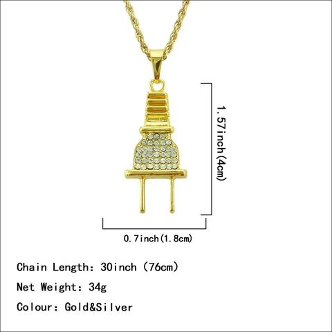 Hip Hop Creative Plug Pendant Necklace Alloy Rhinestone Inlaid Rope Chain Gold Silver Pendant Jewelry For Men Women Party