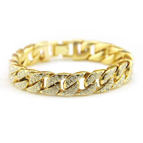 Bracciale Hip Hop Iced Out Cuban Link da Uomo in Lega Placcata con Strass Gioielli alla Moda Bracciale a Catena per Uomo