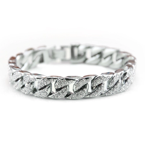 Bracciale Hip Hop Iced Out Cuban Link da Uomo in Lega Placcata con Strass Gioielli alla Moda Bracciale a Catena per Uomo