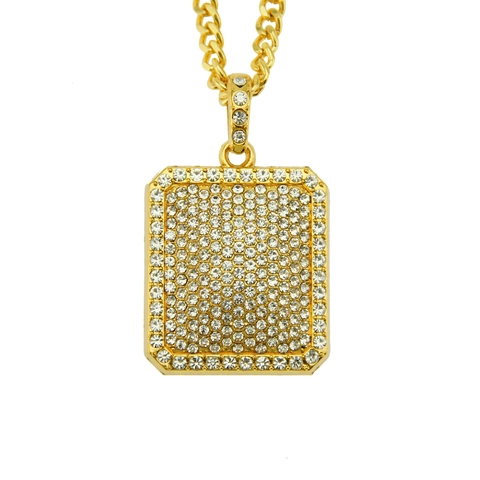 Collier avec Pendentif Plaque Carrée Hip Hop Iced Out Strass pour Hommes Femmes Alliage Or Argent Chaîne Cubaine Bijoux Streetwear