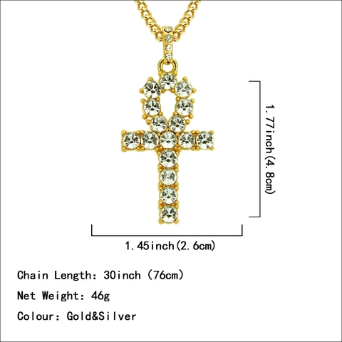 Collar con Colgante de Cruz de Ankh de Hip Hop de Aleación de Diamantes de Imitación para Hombre Oro Plata Cadena Cubana