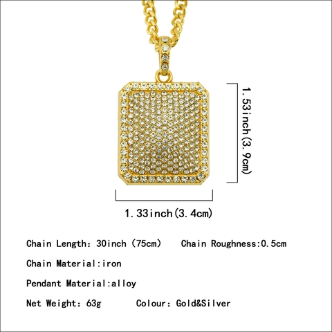 Collier avec Pendentif Plaque Carrée Hip Hop Iced Out Strass pour Hommes Femmes Alliage Or Argent Chaîne Cubaine Bijoux Streetwear