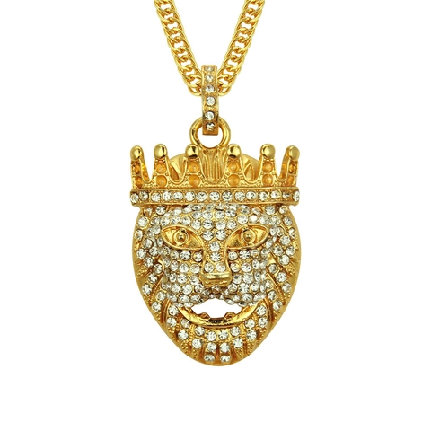Hip Hop Lion Head Crown Pendant Necklace Gold Plated Alloy Rhinestone Embellished Cuban Chain Fashion Jewelry Accessory