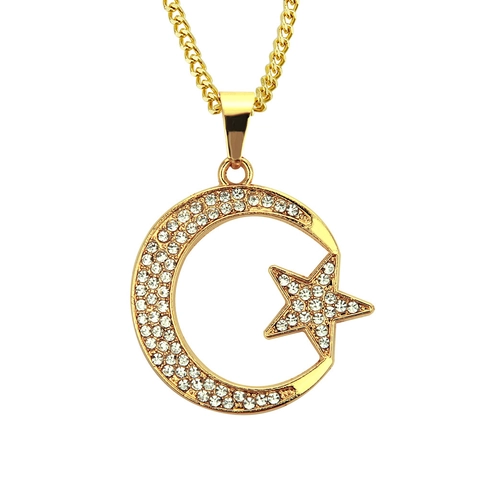 Collana con Ciondolo Luna e Stella Hip Hop Placcata Oro in Lega Iced Out con Strass e Catena Curb Gioielli di Moda Uomo Donna