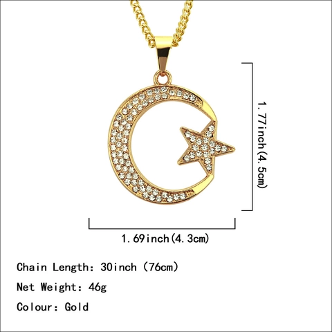 Collana con Ciondolo Luna e Stella Hip Hop Placcata Oro in Lega Iced Out con Strass e Catena Curb Gioielli di Moda Uomo Donna