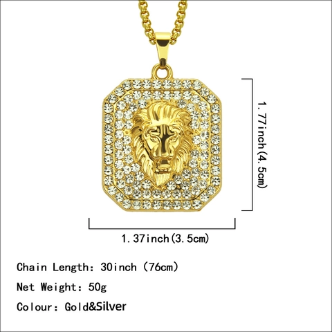 Hip Hop Leeuwenkop Hanger Ketting Voor Heren Legering Strass Pavé Vierkant Reliëf Box Ketting Goud Zilver Verguld Sieraden